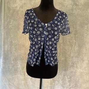Women’s Blue Floral Sheer Blouse Size Small Coquette Pearl Button Cottagecore